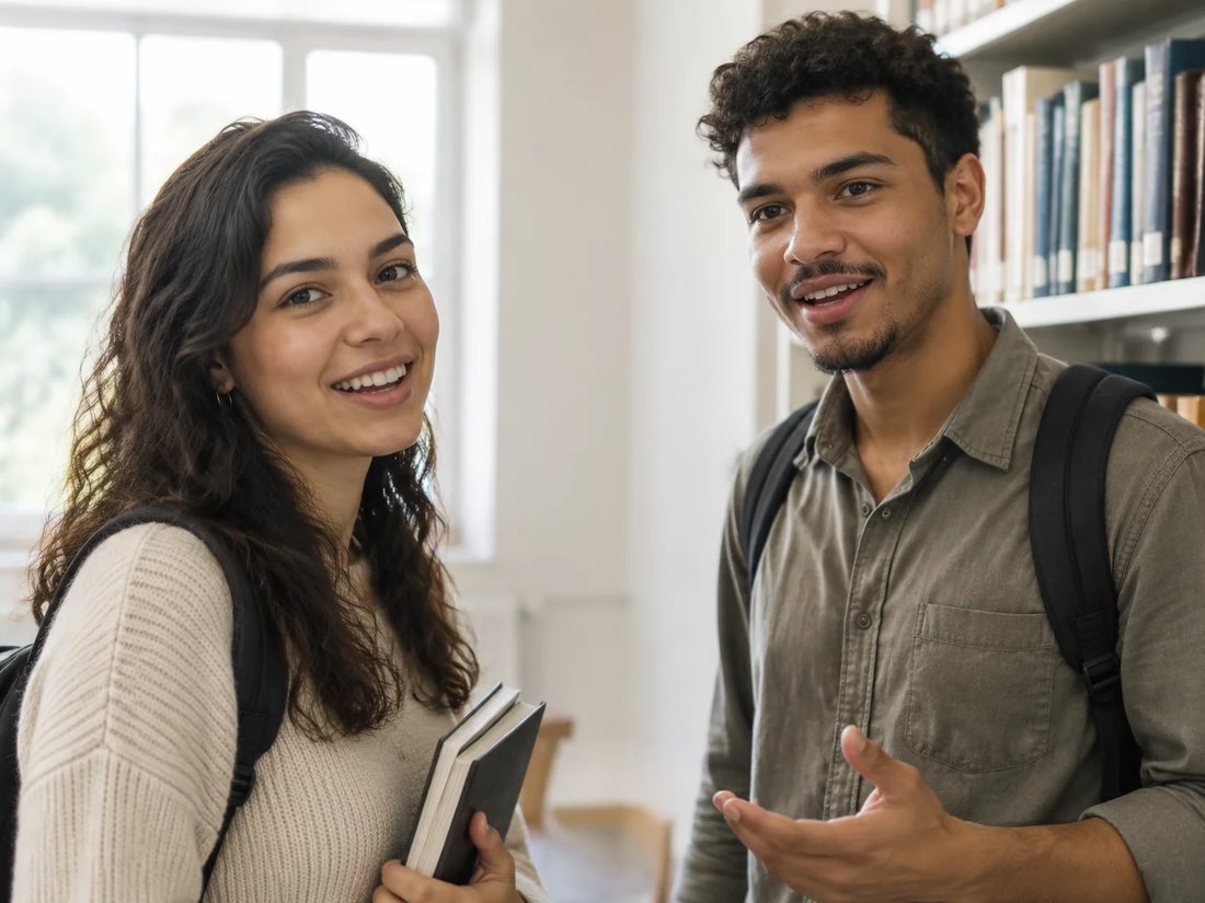 Conversa em pé entre as estantes da escola, com folhas de anotação na mão de quem discute